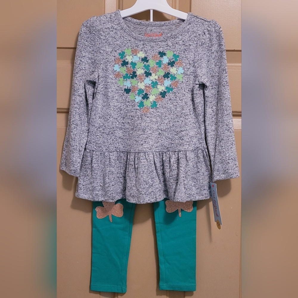 Cat & Jack St Patrick Girls 3T Shamrock Heart Set Long Sleeve With Leggings NWT